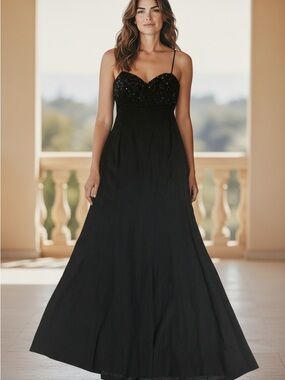 Escada Black Sequin Bust Spaghetti Strap Evening Gown